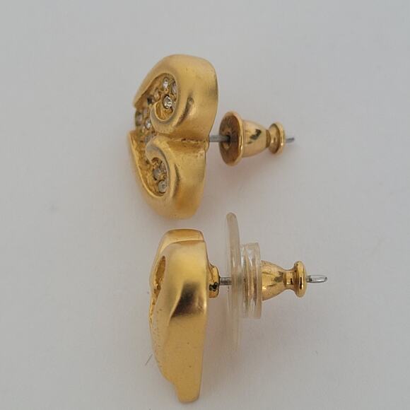 Vintage Valentino Rhinestone Gold Tone Stud Earrings Small Hearts V - Picture 6 of 6